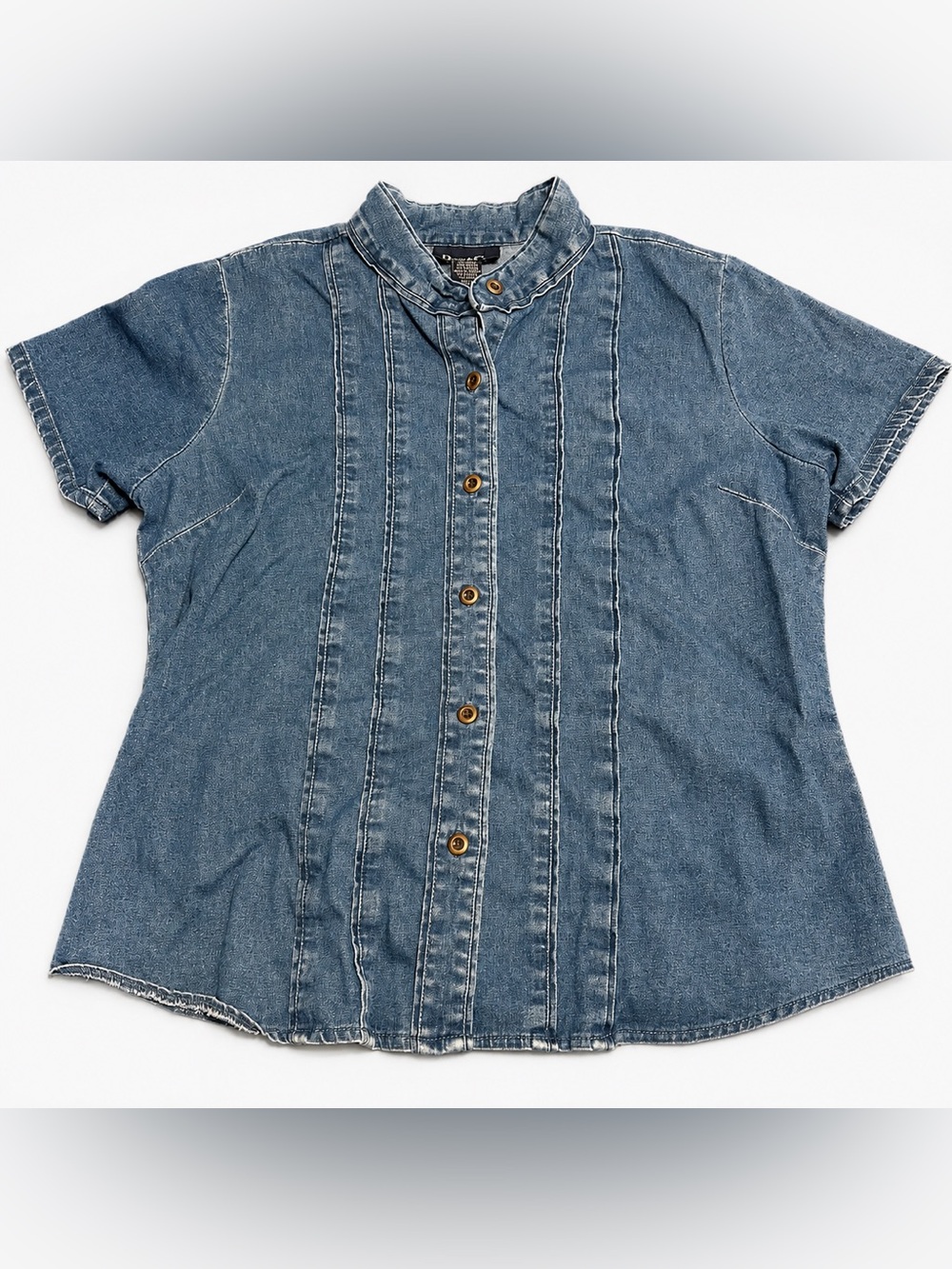 Denim&Co Western Style Medium Wash Denim Shirt With Band Collar Size Large